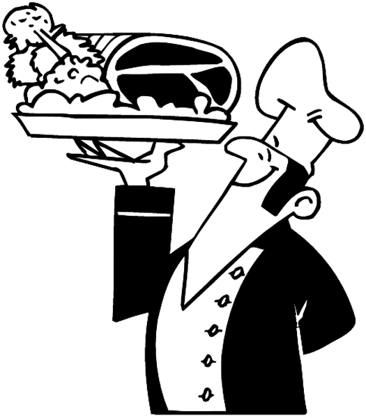Waiter with tray of meat vinyl sticker. Customize on line. Restaurants Bars Hotels 079-0434